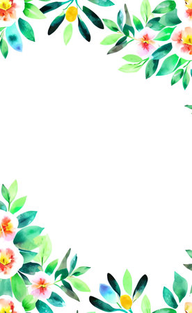 Watercolor floral frame with green leaves and flowers on a white backgroundの素材