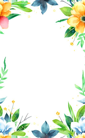 Watercolor floral frame with flowers, leaves and branches. Hand painted isolated on white backgroundの素材