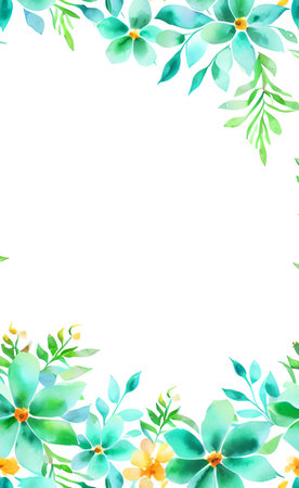 Frame with watercolor flowers and leaves on white background. Hand drawn illustration.の素材