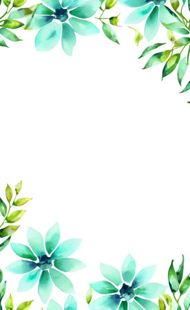 Watercolor floral frame with blue flowers and green leaves on white backgroundの素材