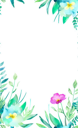 Watercolor floral frame. Hand drawn flowers and leaves isolated on white background.の素材