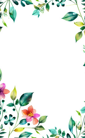 Watercolor floral frame with green leaves and flowers isolated on white backgroundの素材