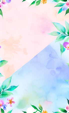 Watercolor floral background. Hand painted watercolor flowers and leaves on colorful watercolor background.の素材