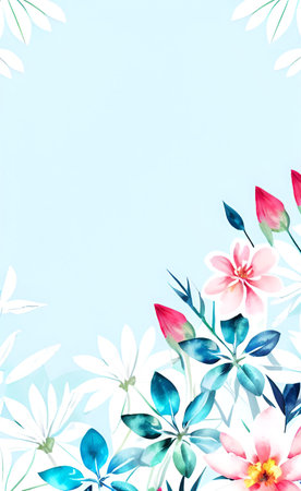 Watercolor flowers on blue background. Greeting card with flowers.の素材
