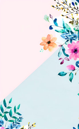 Creative layout made of watercolor flowers and branches on pastel blue and pink background. Flat lay.の素材