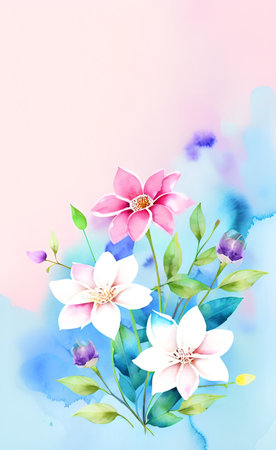 Watercolor floral background with pink and blue flowers. Vector illustration.の素材