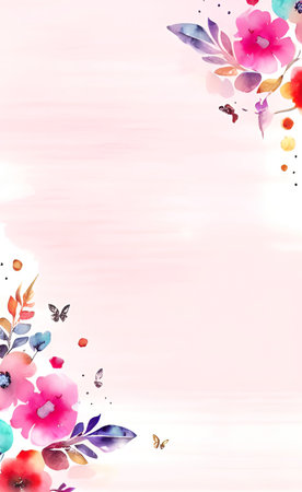 Watercolor spring background with flowers, leaves and butterflies. Vector illustration.の素材