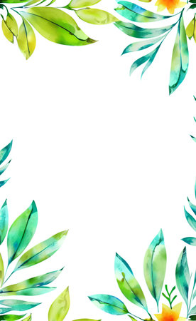 Watercolor floral frame with green leaves. Hand painted illustration isolated on white background.の素材