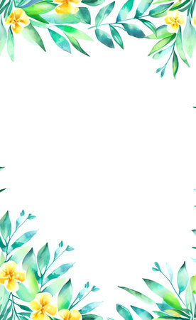 Watercolor floral frame with yellow flowers and green leaves on white backgroundの素材