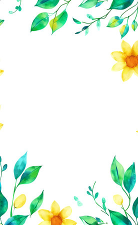 Watercolor floral frame with yellow flowers and green leaves on white backgroundの素材