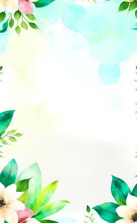 Watercolor floral background with green leaves and flowers. Vector illustration.の素材