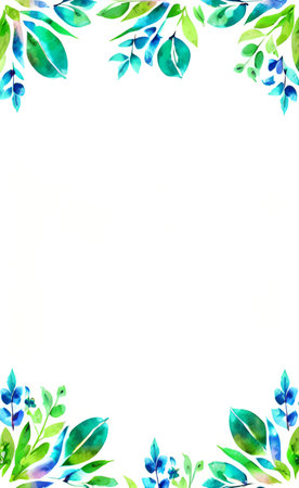 Watercolor frame with blue and green leaves on white background. Hand painted illustrationの素材