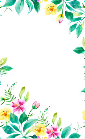 Watercolor floral frame on white background. Hand painted flowers and leaves.の素材
