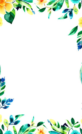 Frame with watercolor flowers and leaves on white background. Hand drawn floral illustration.の素材