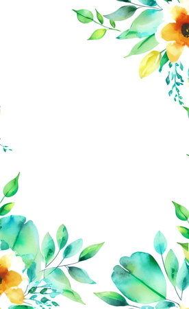 Frame with watercolor flowers and leaves. Hand drawn floral background.の素材