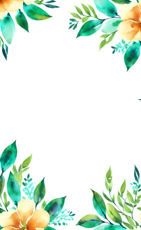 Watercolor floral frame with green leaves and yellow flowers on white backgroundの素材