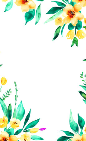Watercolor floral frame with yellow flowers and green leaves, hand painted isolated on white backgroundの素材