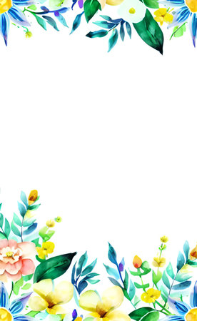 Watercolor floral frame. Hand painted flowers, leaves and branches isolated on white background.の素材
