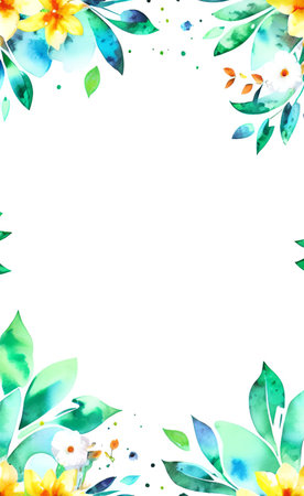 Frame with watercolor flowers and leaves on white background. Vector illustration.の素材