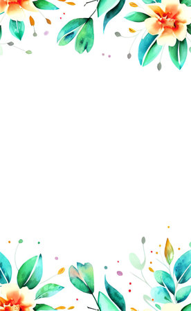 Watercolor floral frame with green leaves and flowers, hand drawn isolated on white backgroundの素材
