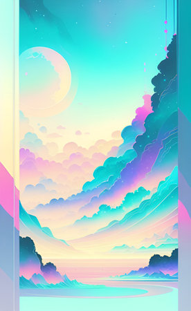Fantasy landscape with mountains, clouds and sunset. Vector illustration.の素材