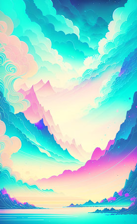 Abstract colorful background with sea and mountains. Vector illustration for your designの素材