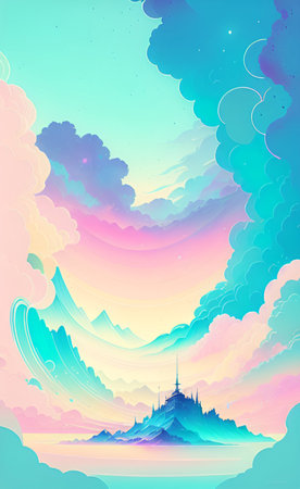 Landscape with mosque in the clouds. Colorful vector illustration.の素材