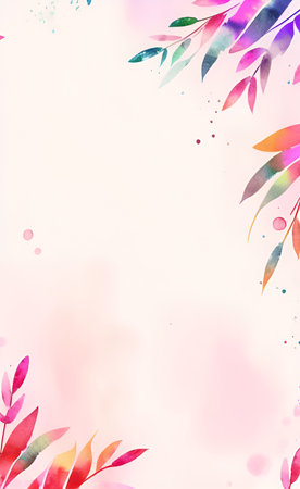 Watercolor floral background. Hand painted leaves and branches on pink background.の素材