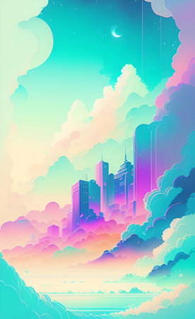 Sunset and skyscrapers in the clouds. Vector illustration.の素材