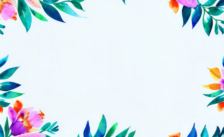 Floral frame made of watercolor flowers and leaves on white backgroundの素材