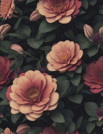 top view of colorful dahlia flowers in garden - retro vintage effectの素材