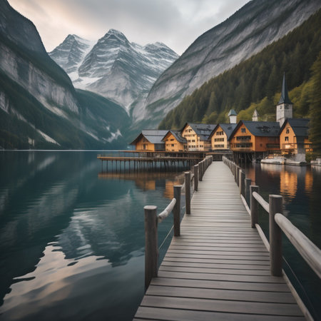 Hallstatt village on lake in the Austrian Alps at sunset.の素材