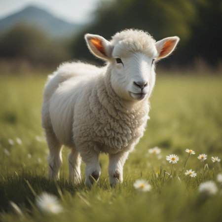 Sheep standing in a meadow with daisies in the backgroundの素材