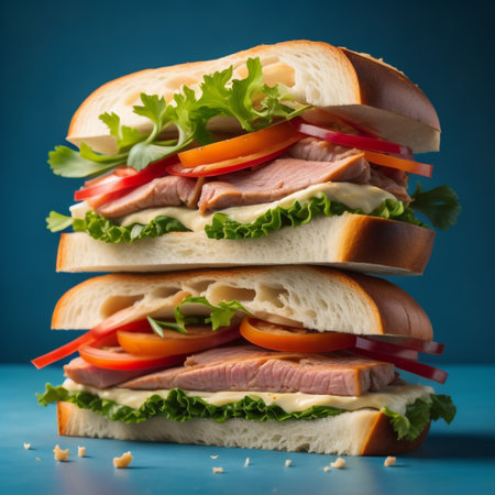 Sandwich with ham and vegetables on blue background. Toned.の素材