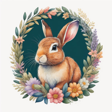 Watercolor illustration of a cute Easter bunny in a wreath of flowersの素材