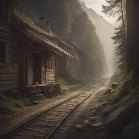 Old wooden railway station in the foggy forest. Carpathians, Ukraineの素材