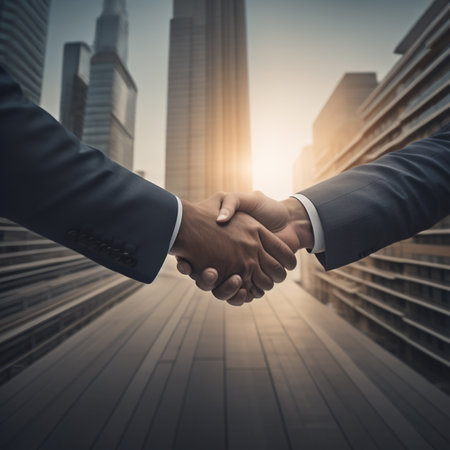 Business handshake on the background of skyscrapers. Business concept.の素材