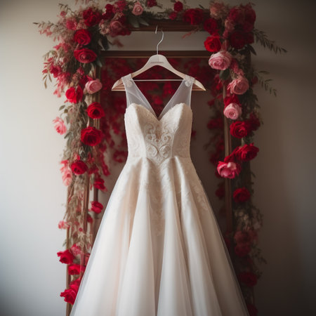Wedding dress hanging on a wooden hanger with red rosesの素材