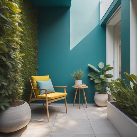 Interior of modern living room with green walls, tiled floor, comfortable armchair and plants. 3d renderの素材