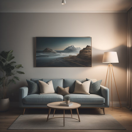Living room interior with blue sofa, coffee table and picture on wall. 3D Renderingの素材