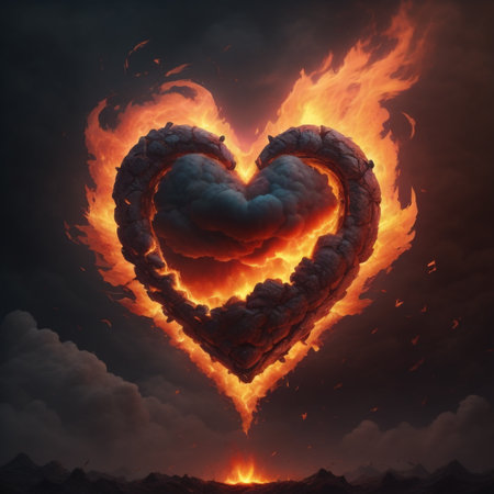 Burning heart on a dark sky background, 3d illustration.の素材