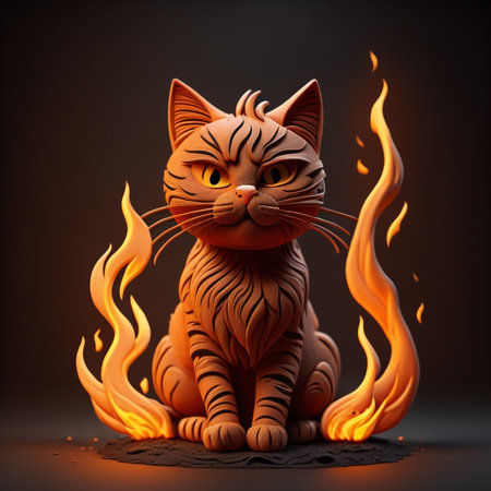 Flaming cat on dark background. 3D rendering. Burning cat.の素材