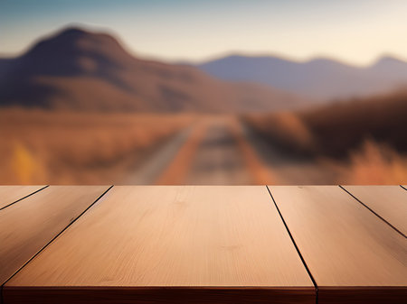 Empty wooden table over blurred road and mountain background, product display montageの素材
