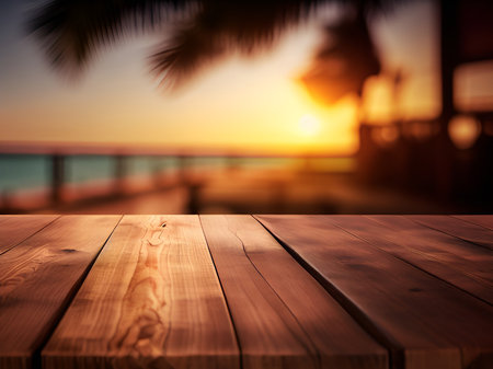 Wood table top on blur beach background - can be used for display or montage your productsの素材