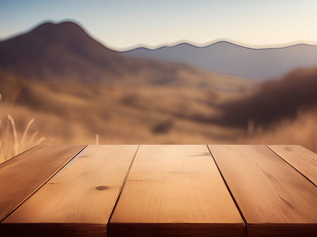 Empty wooden table over blurred mountain landscape background, product display montageの素材