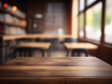 Empty wooden table and Coffee shop blur background with bokeh image.の素材