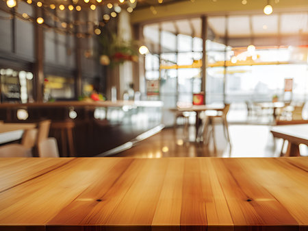 Empty wood table and Coffee shop blur background with bokeh image.の素材