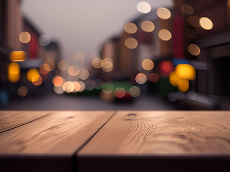 Wooden table top on blur night city with bokeh light backgroundの素材