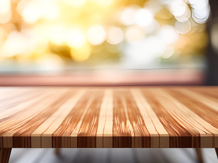 Wooden table top on blur bokeh background - can be used for display or montage your productsの素材