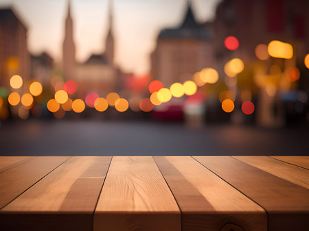 Empty wooden table and abstract city bokeh background. product display templateの素材